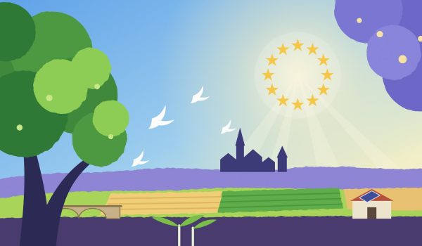 Illustration : paysage du Périgord Noir sous le cercle des étoiles européennes