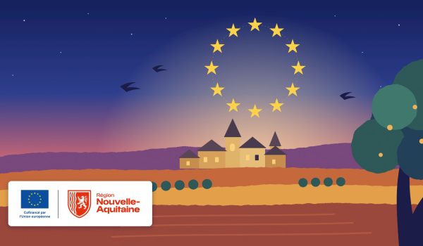 Illustration : crépuscule sur Sarlat sous le cercle des étoiles européennes, avec le bloc marque Cofinancé par l'Union européenne et Région Nouvelle-Aquitaine
