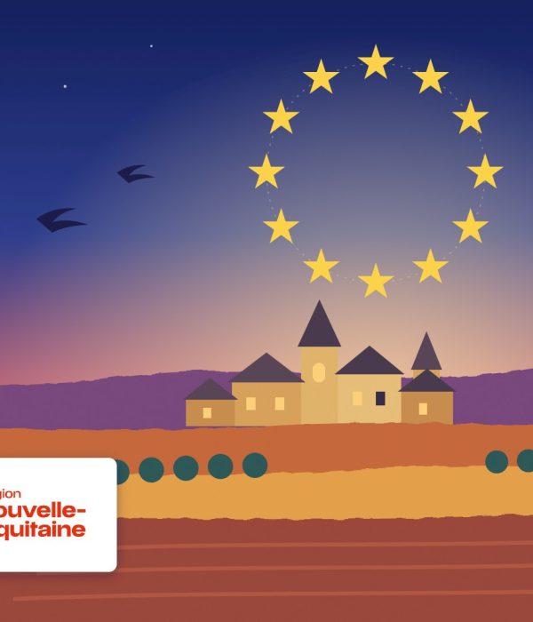 Illustration : crépuscule sur Sarlat sous le cercle des étoiles européennes, avec le bloc marque Cofinancé par l'Union européenne et Région Nouvelle-Aquitaine