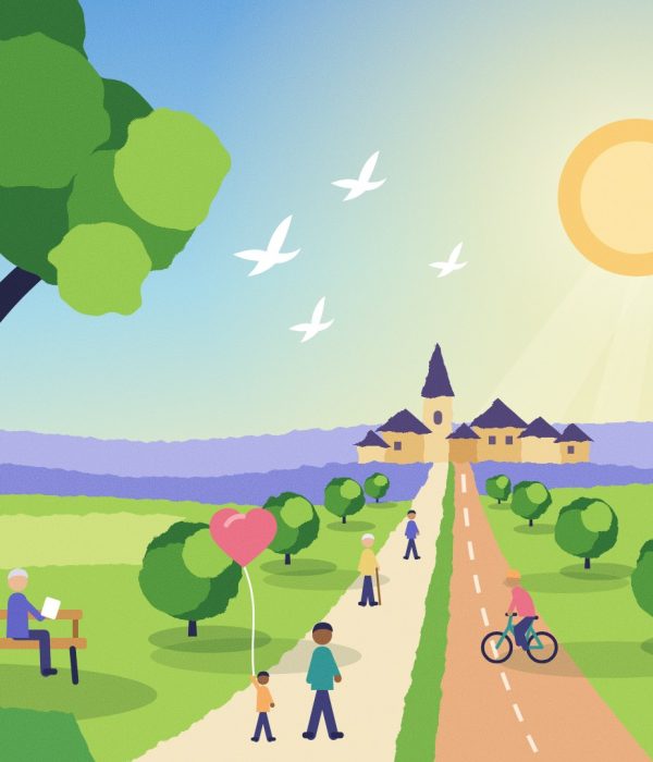 Illustration : un centre-bourg du Périgord Noir relié par un chemin piéton et une piste cyclable ombragés, avec des habitants de tous âges